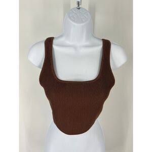 Babaton Brown Ribbed Knit Crop Tank Top | Women’s Square Neck Fitted Camisole